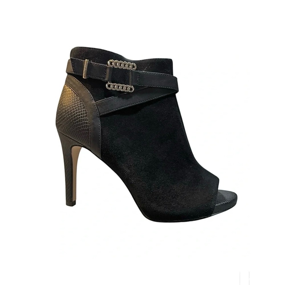 White House Black Market Everyln Suede HH Shootie Black Snakeskin Heel 7M